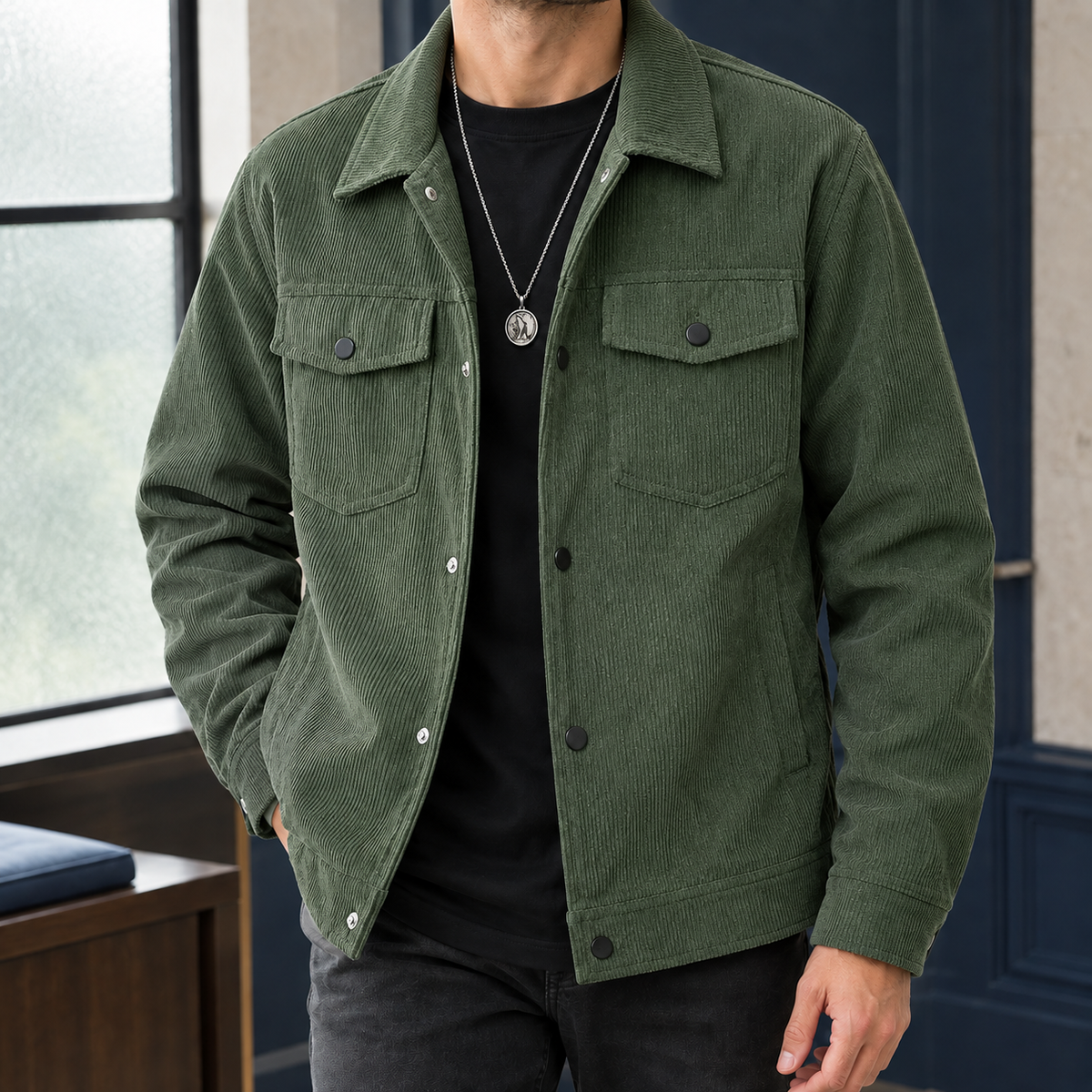 Neil Ribbed Workwear Jacket - Military Green