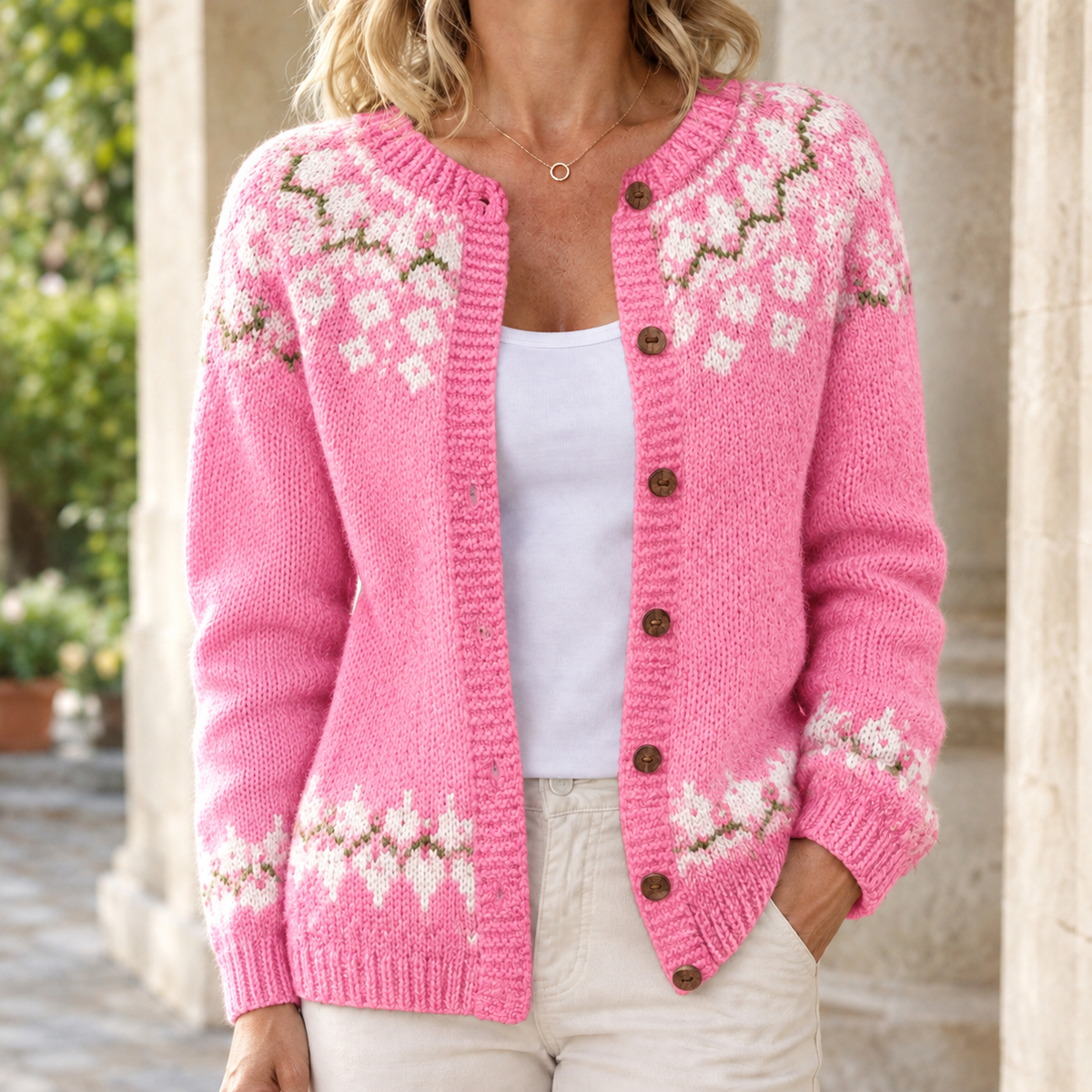 Lorelei Jacquard Cardigan - Bright Pink