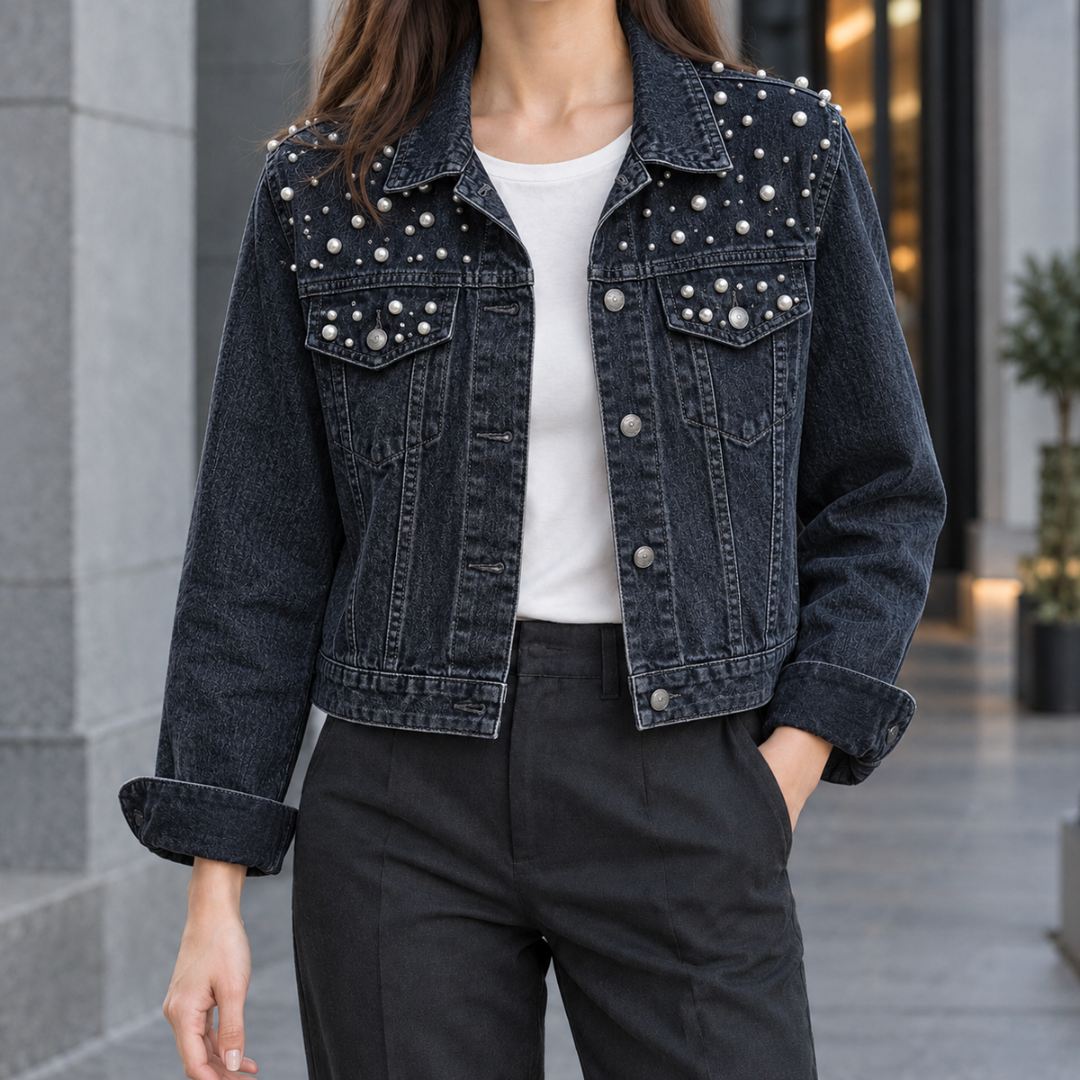Avaline Beaded Denim Jacket - Black