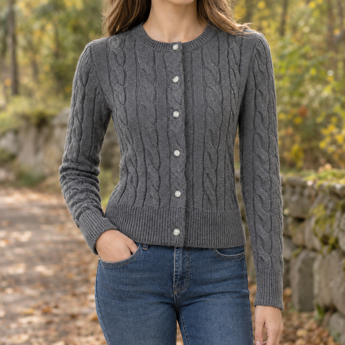 Lillian Cable Knit Cardigan - Dark Gray