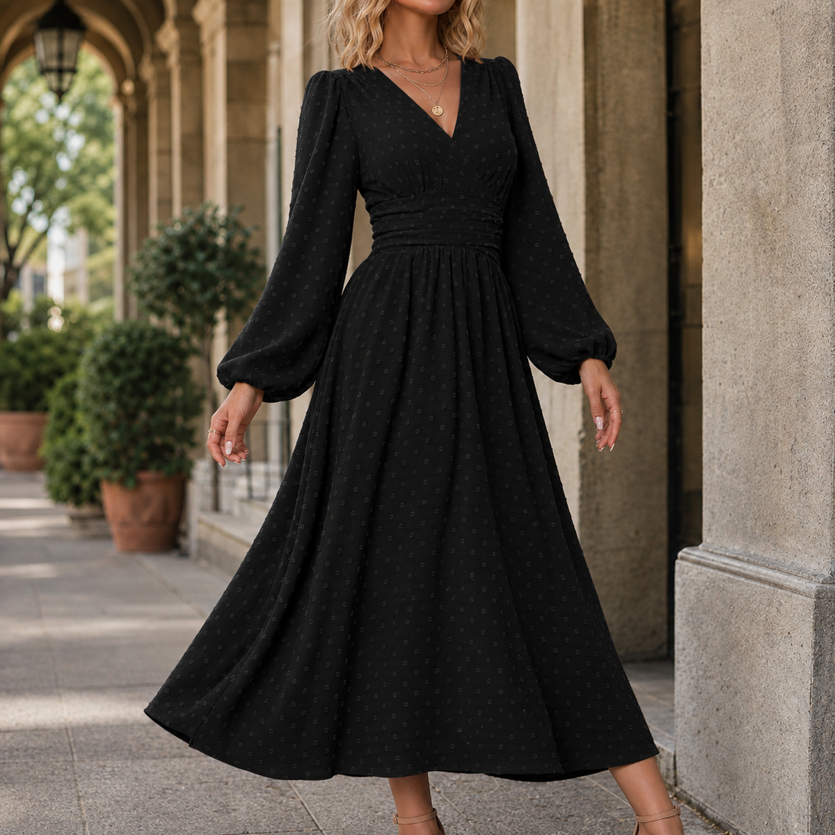 Arletta Ruched Waist Dress - Black