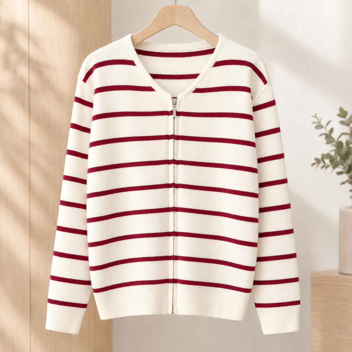 Torquil Striped Zip Cardigan - Cream Burgundy