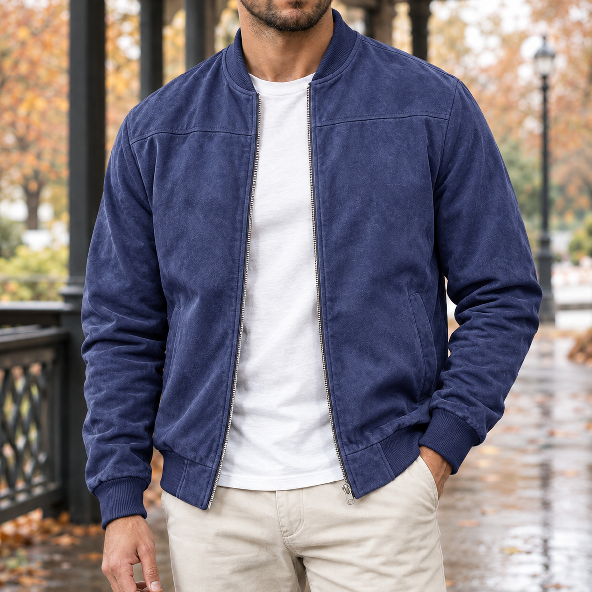 Dominic Suede Bomber Jacket - Navy Blue