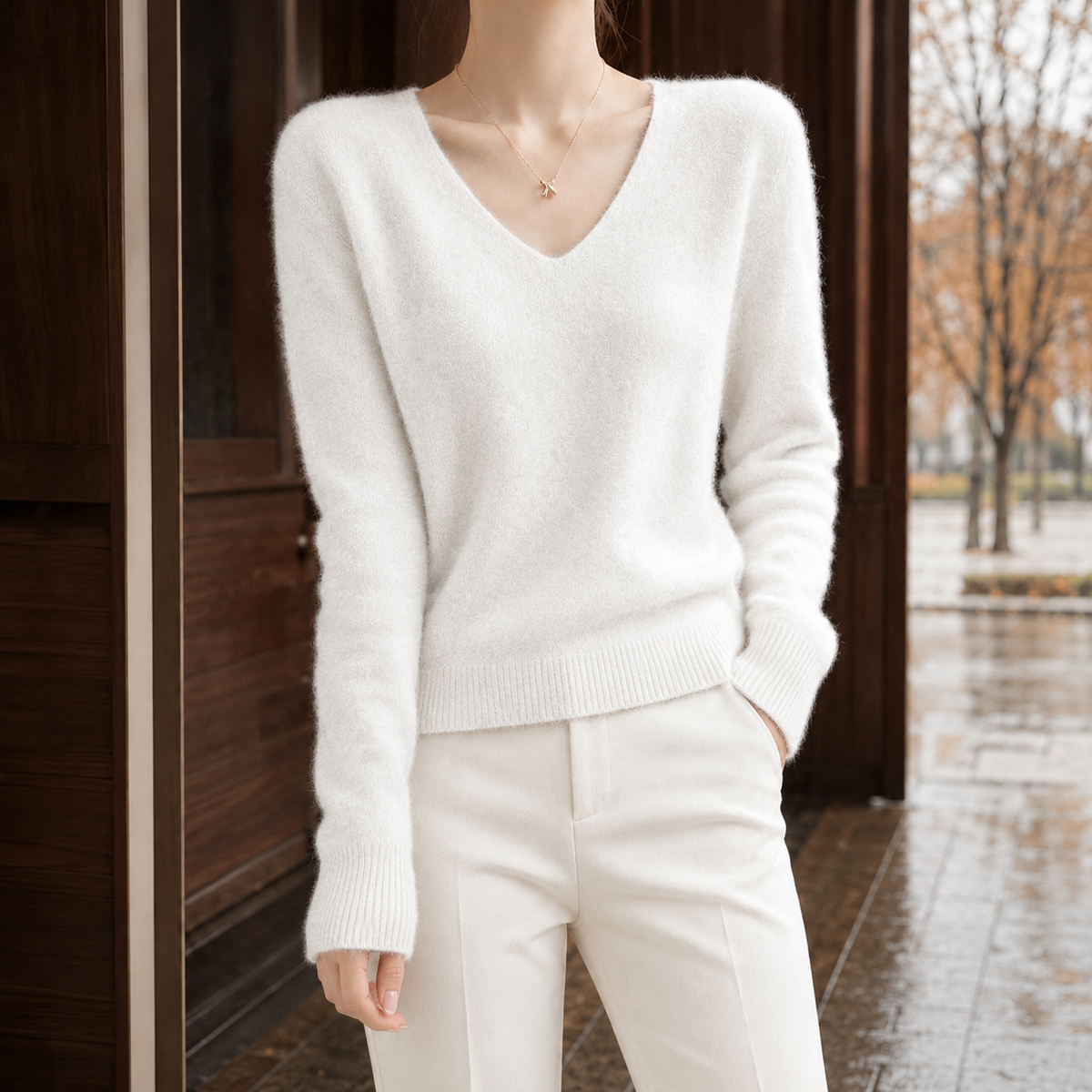 Leontine V Neck Sweater - White