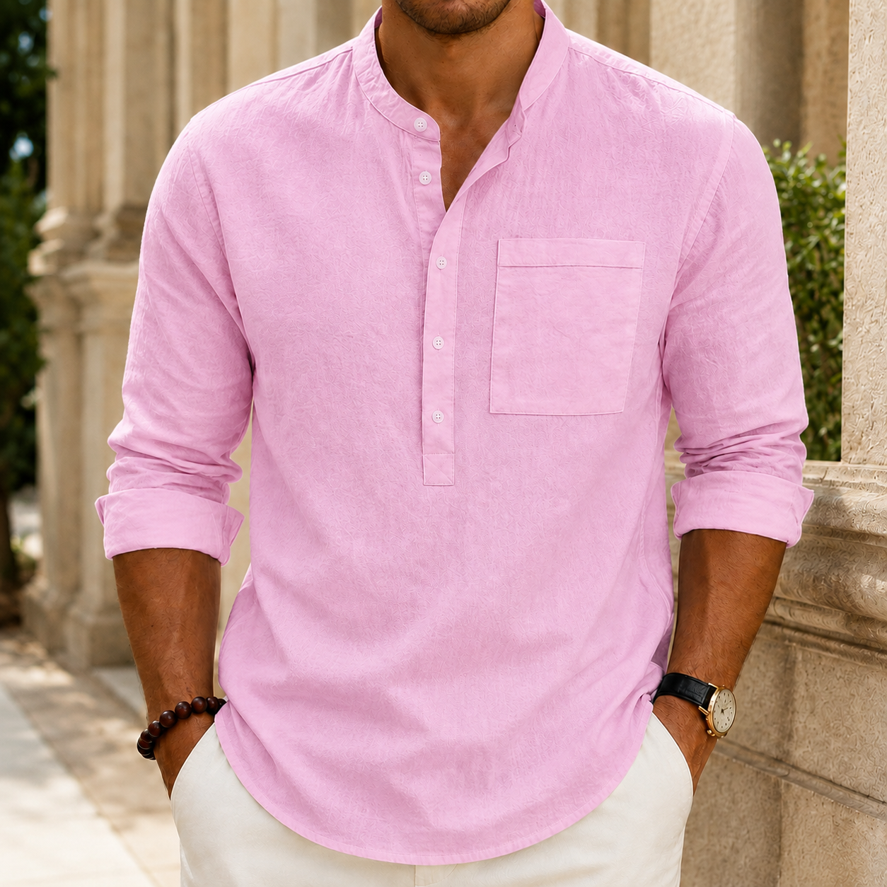 Reuben Stand Collar Shirt - Pink