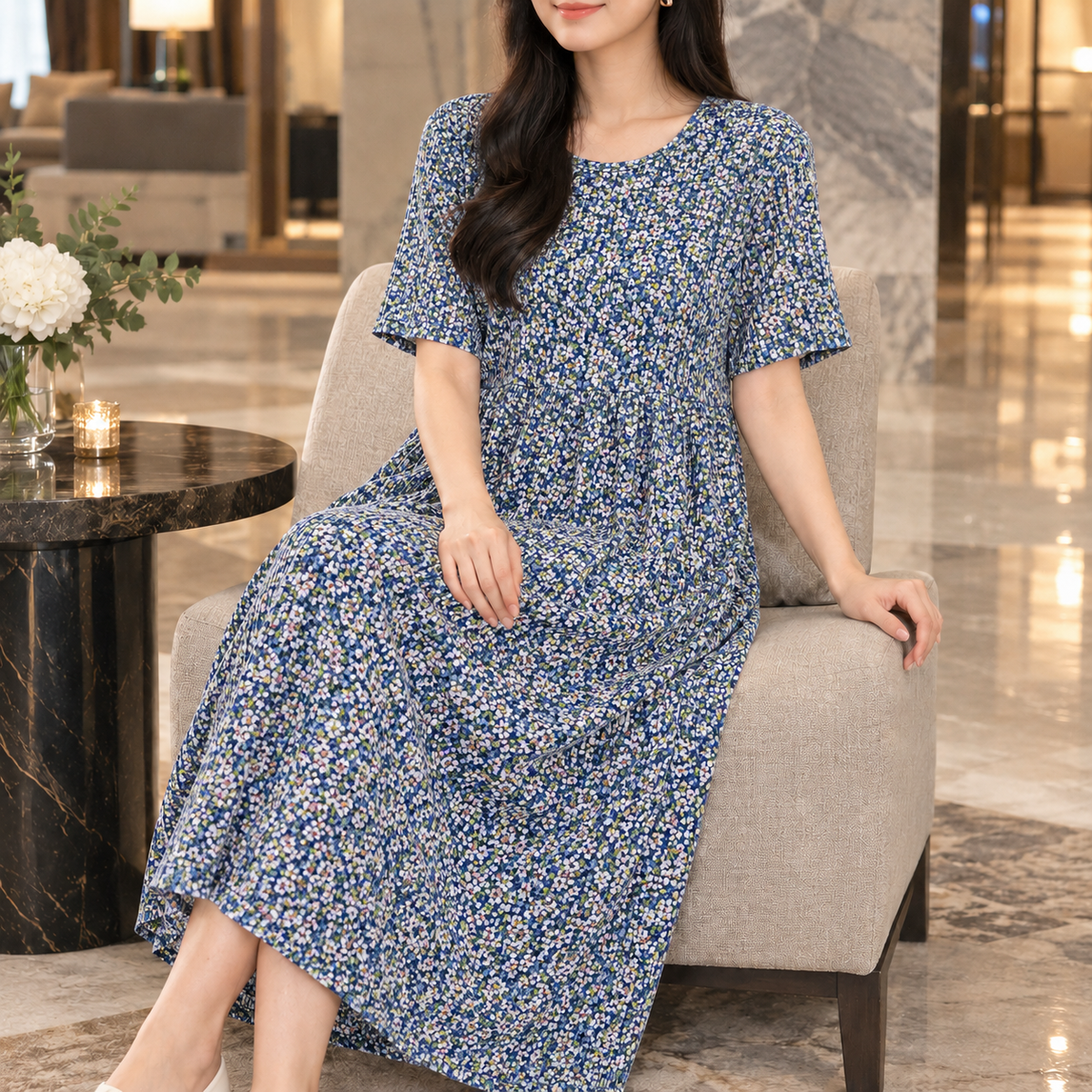 Celandine Pleated Midi Dress - Blue Floral
