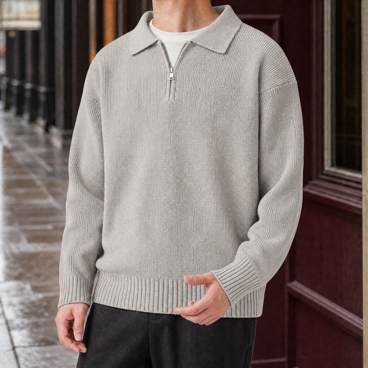 Zephyrin Zip Collar Sweater - Light Gray