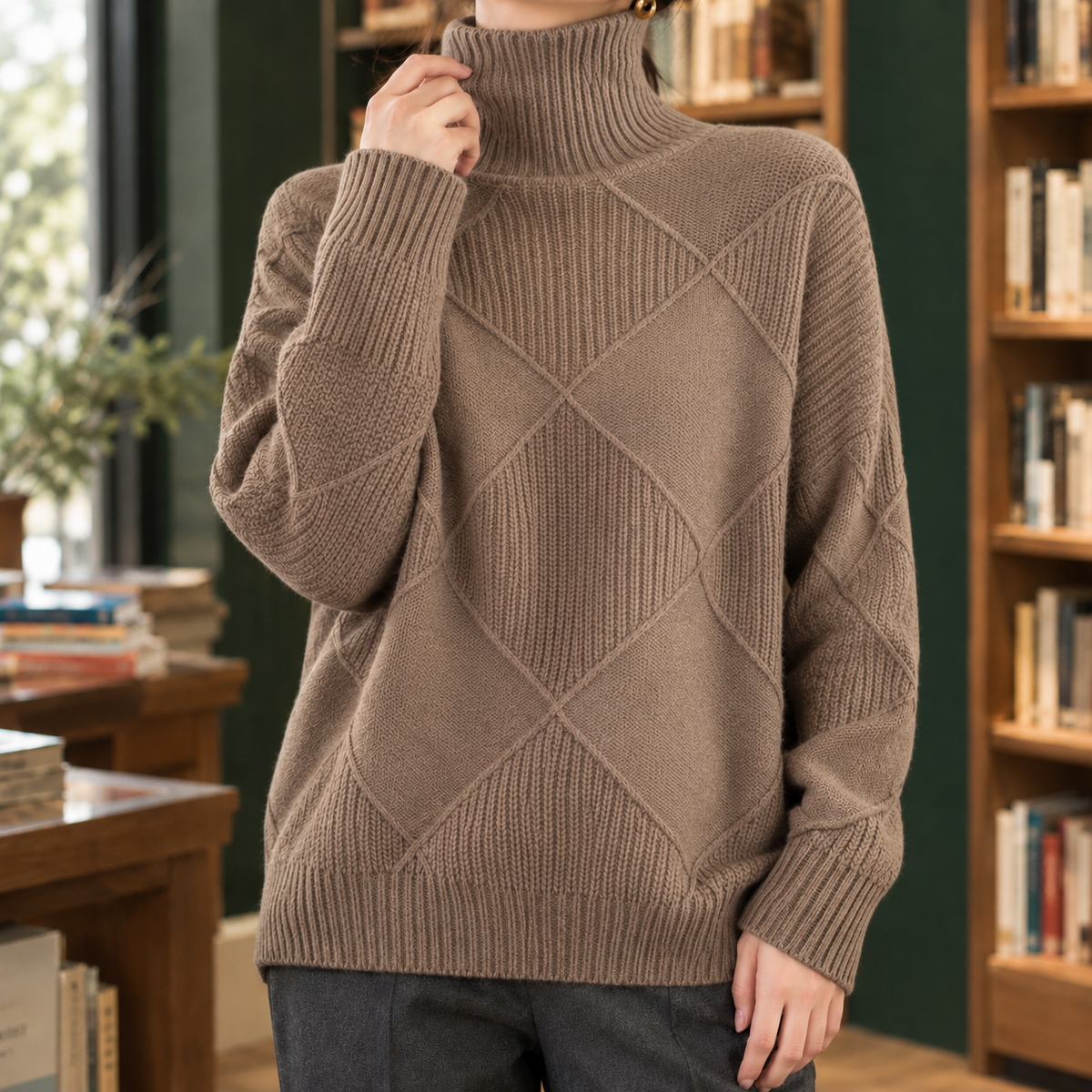 Fabienne Diamond Turtleneck Sweater - Brown