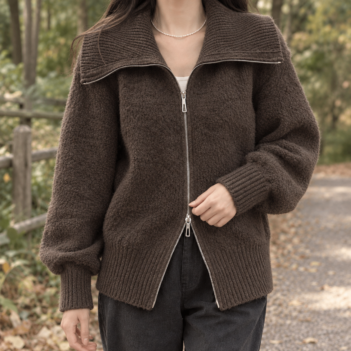 Delia Zip Collar Sweater - Brown