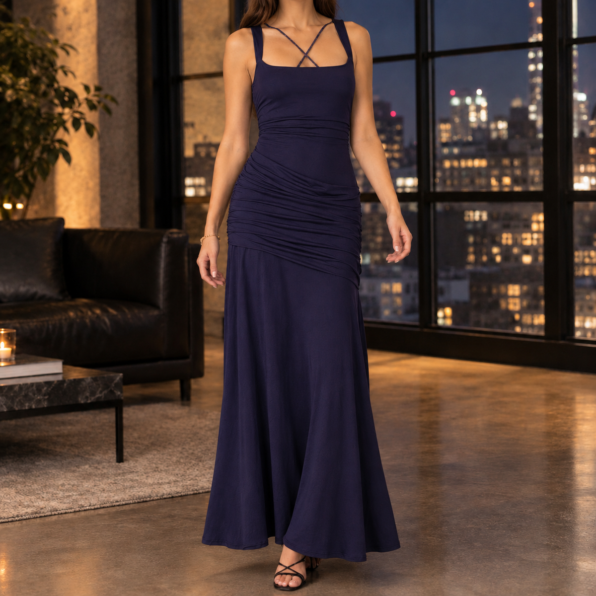 Guinevere Ruched Maxi Dress - Navy Blue