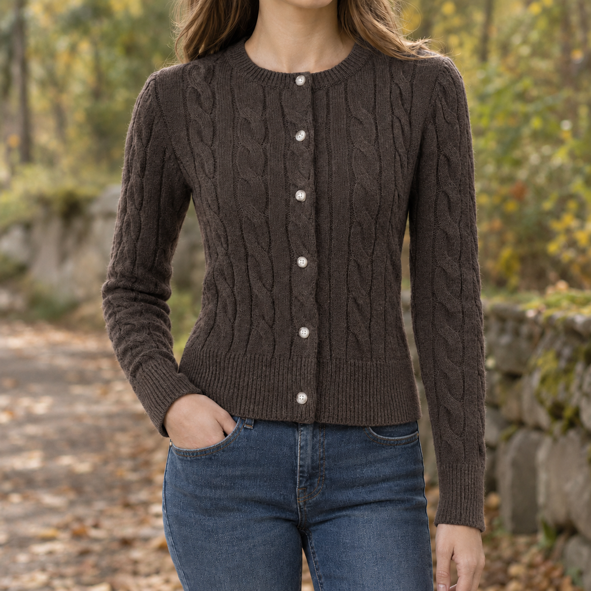 Lillian Cable Knit Cardigan - Brown
