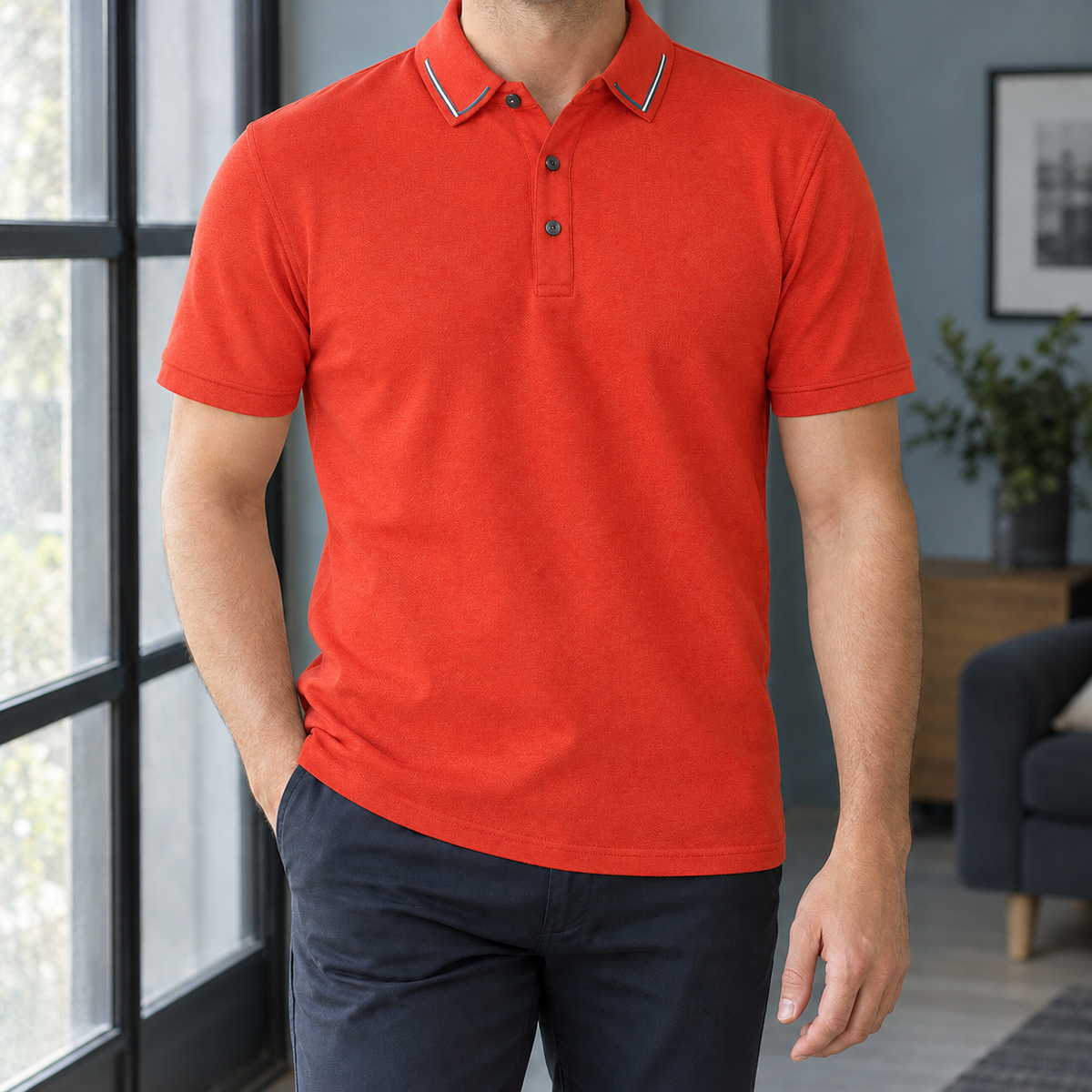Arnaud Piped Collar Polo - Orange Red