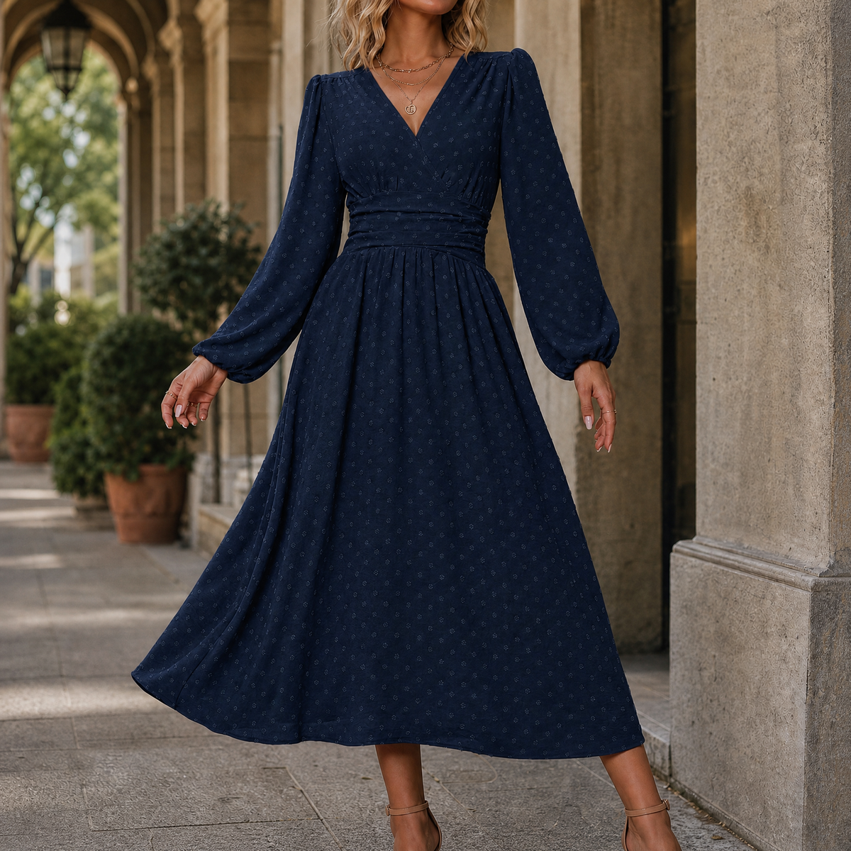 Arletta Ruched Waist Dress - Navy Blue