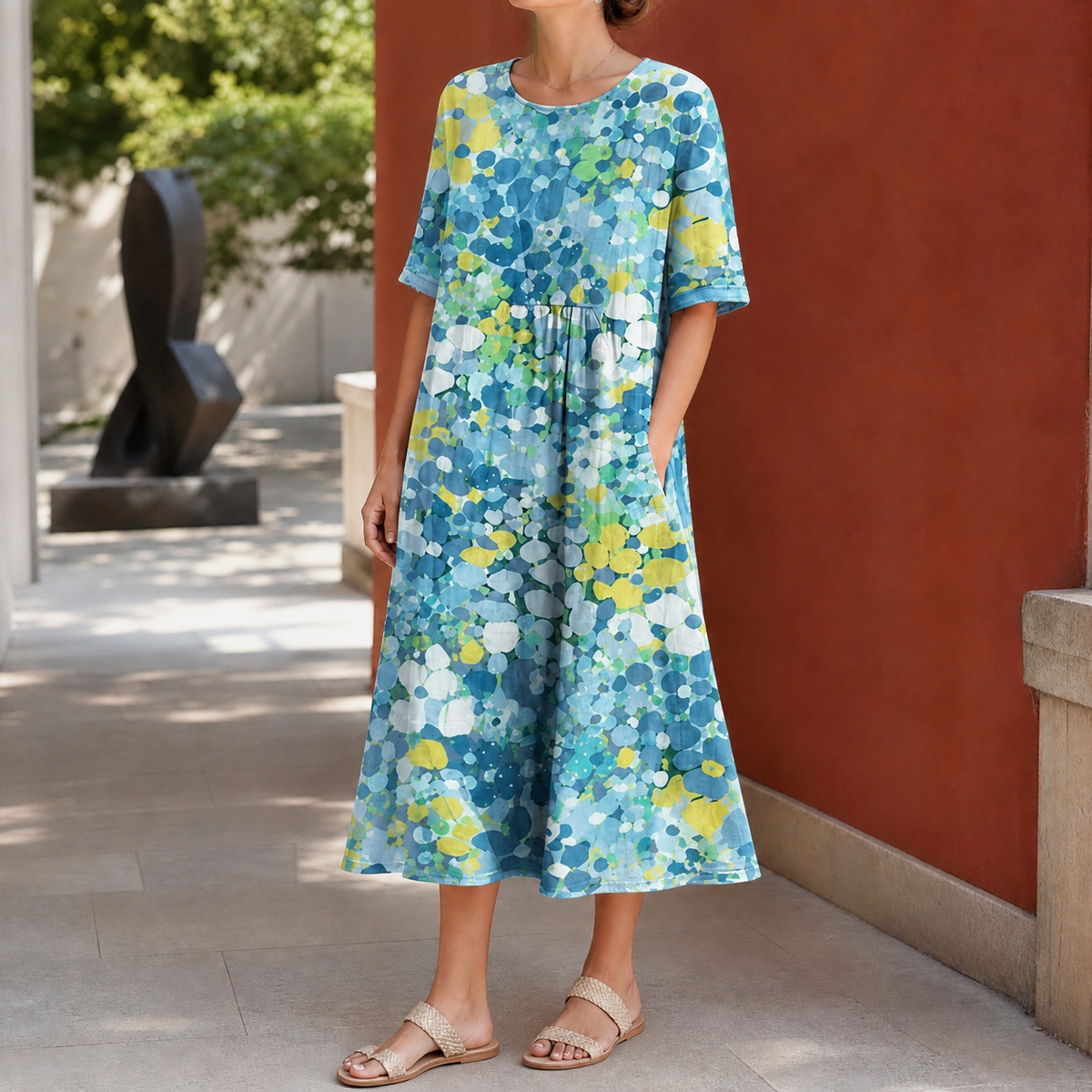 Mina Gathered Midi Dress - Lake Blue