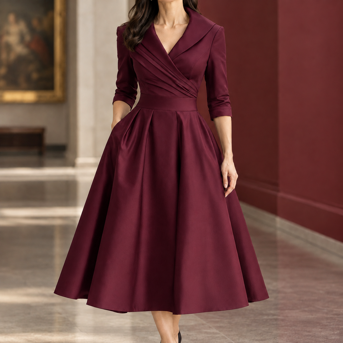 Maya Pleated Midi Dress - Wine Red