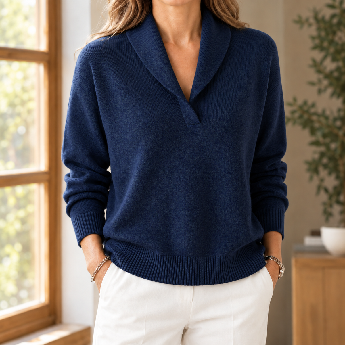 Nora Shawl Collar Sweater - Navy Blue