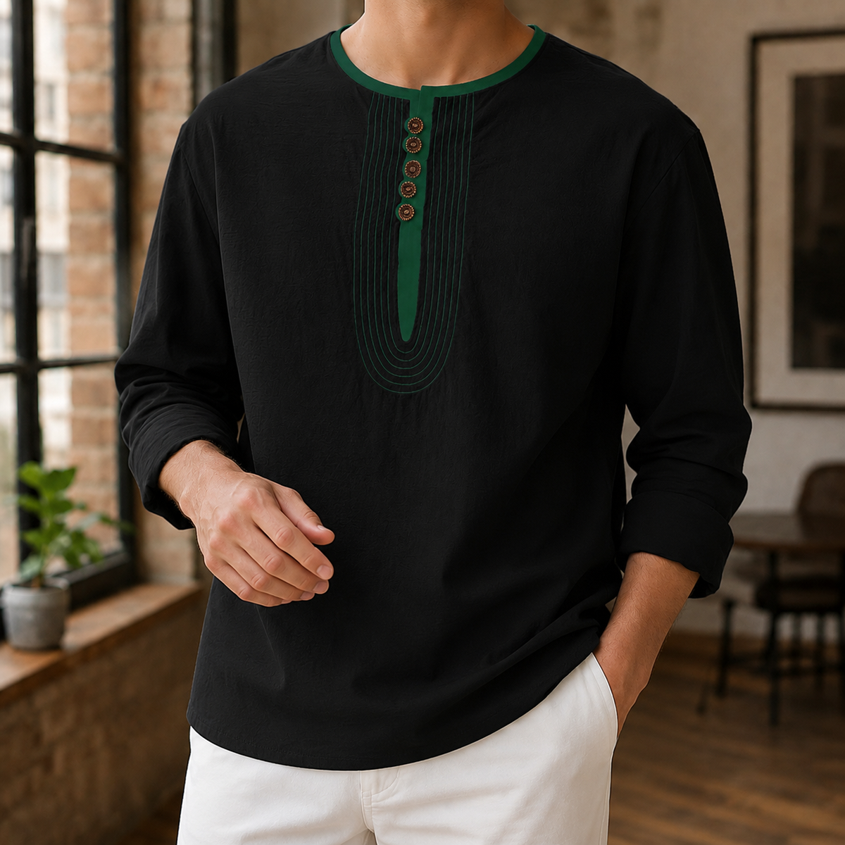 Alexander Linen Henley - Black
