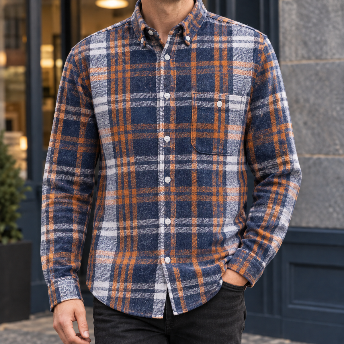 Joshua Plaid Shirt - Navy Orange Plaid