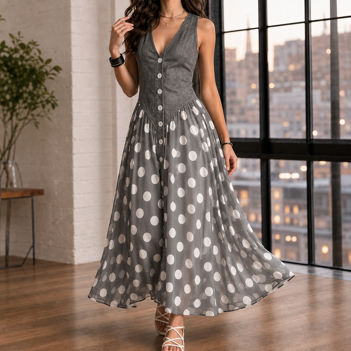 Solange Polka Dot Maxi Dress - Gray