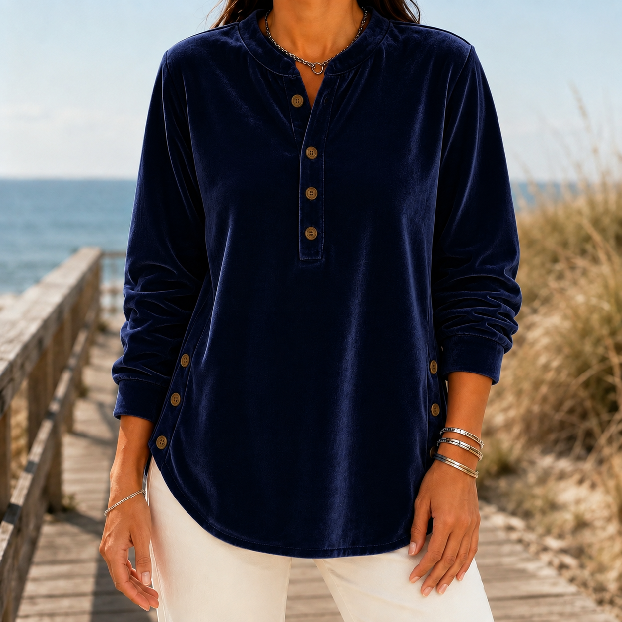Elodie Velvet Henley Top - Navy Blue