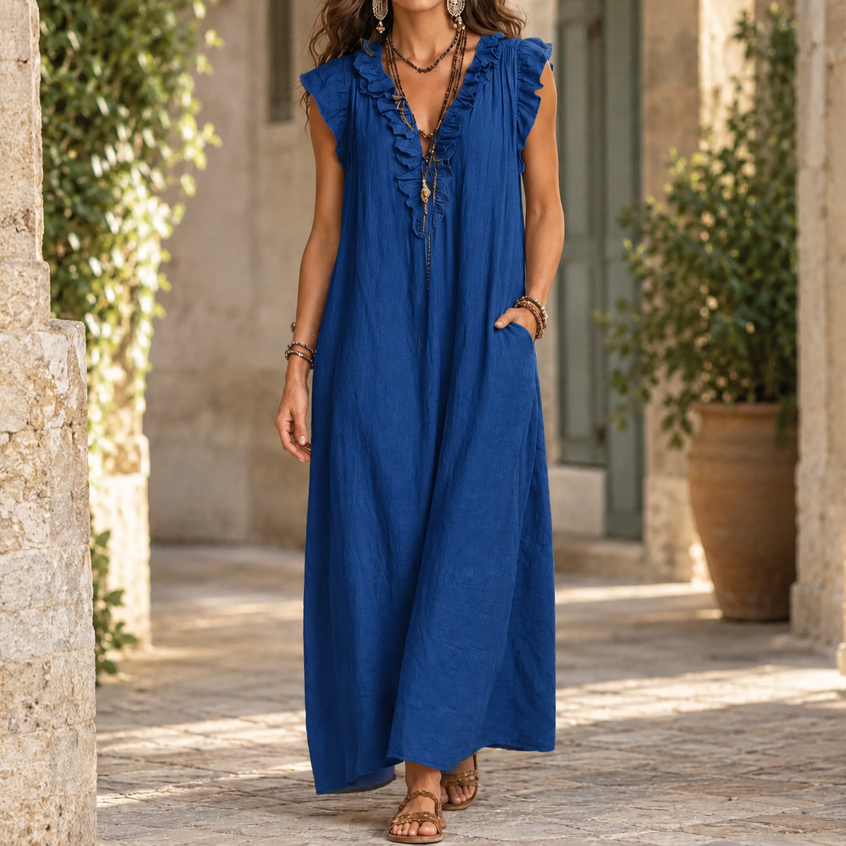 April Ruffled Maxi Dress - Blue