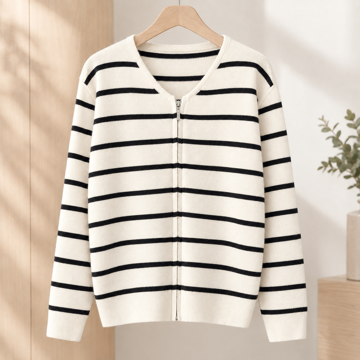 Torquil Striped Zip Cardigan - Apricot Black Stripes