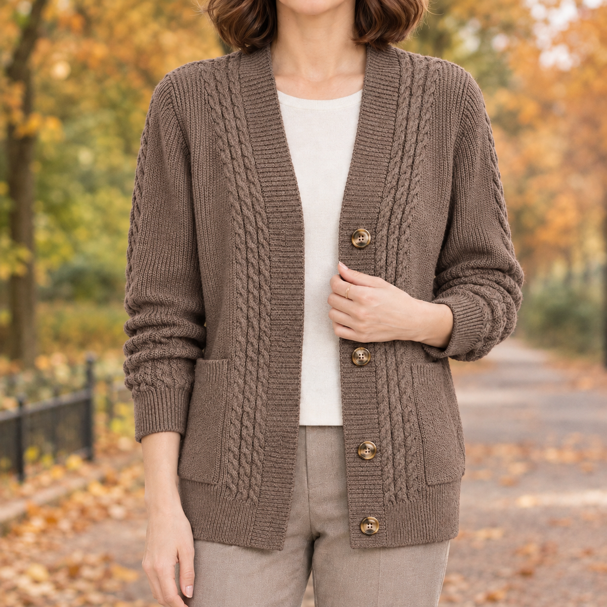 Stella Cable Knit Cardigan - Brown