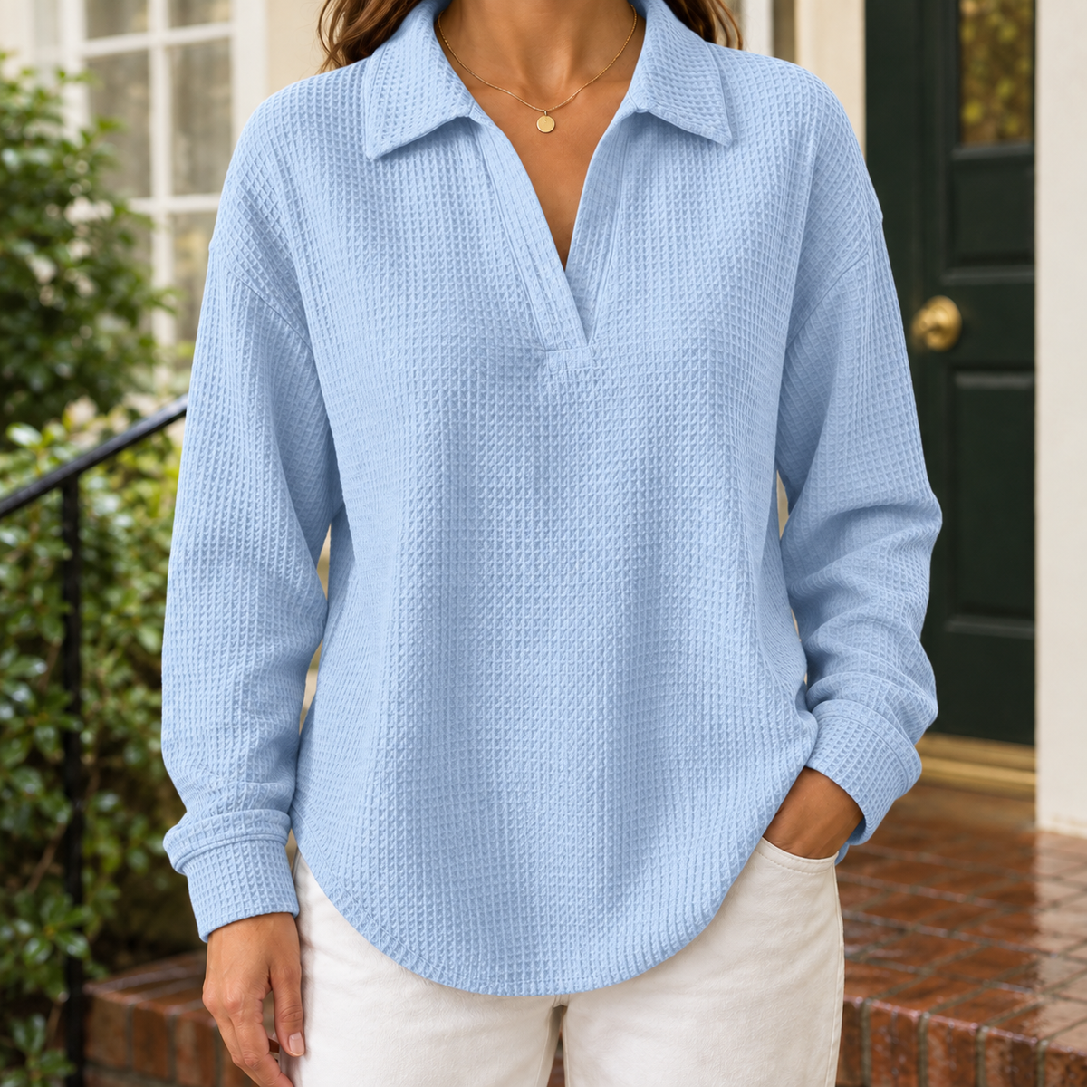 Harriet Waffle Sweater - Light Blue
