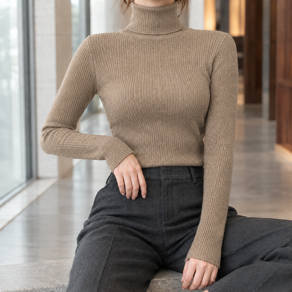 Sadie Ribbed Turtleneck Top - Khaki