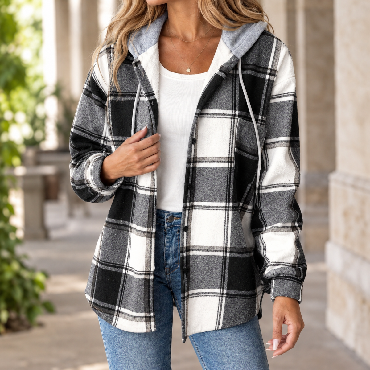Penelope Plaid Hooded Jacket - Black