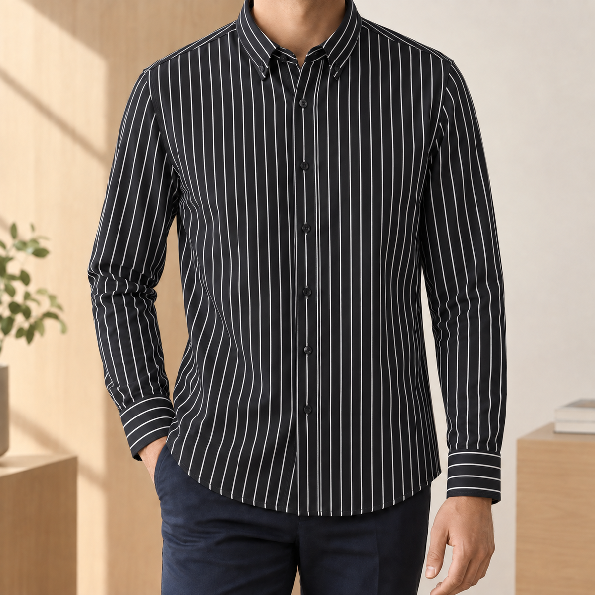 Elliot Striped Shirt - Black White Pinstripe