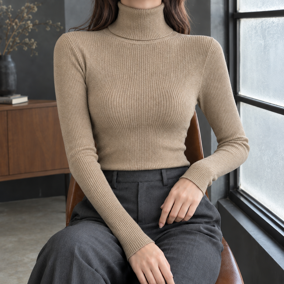 Jacinta Ribbed Turtleneck - Khaki