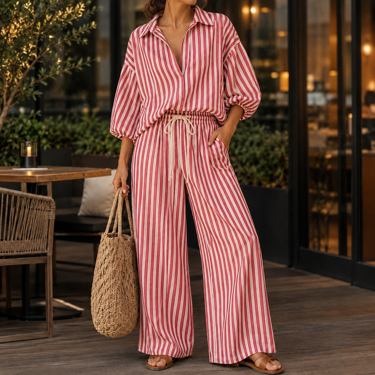 Apolline Striped Pants Set - Red