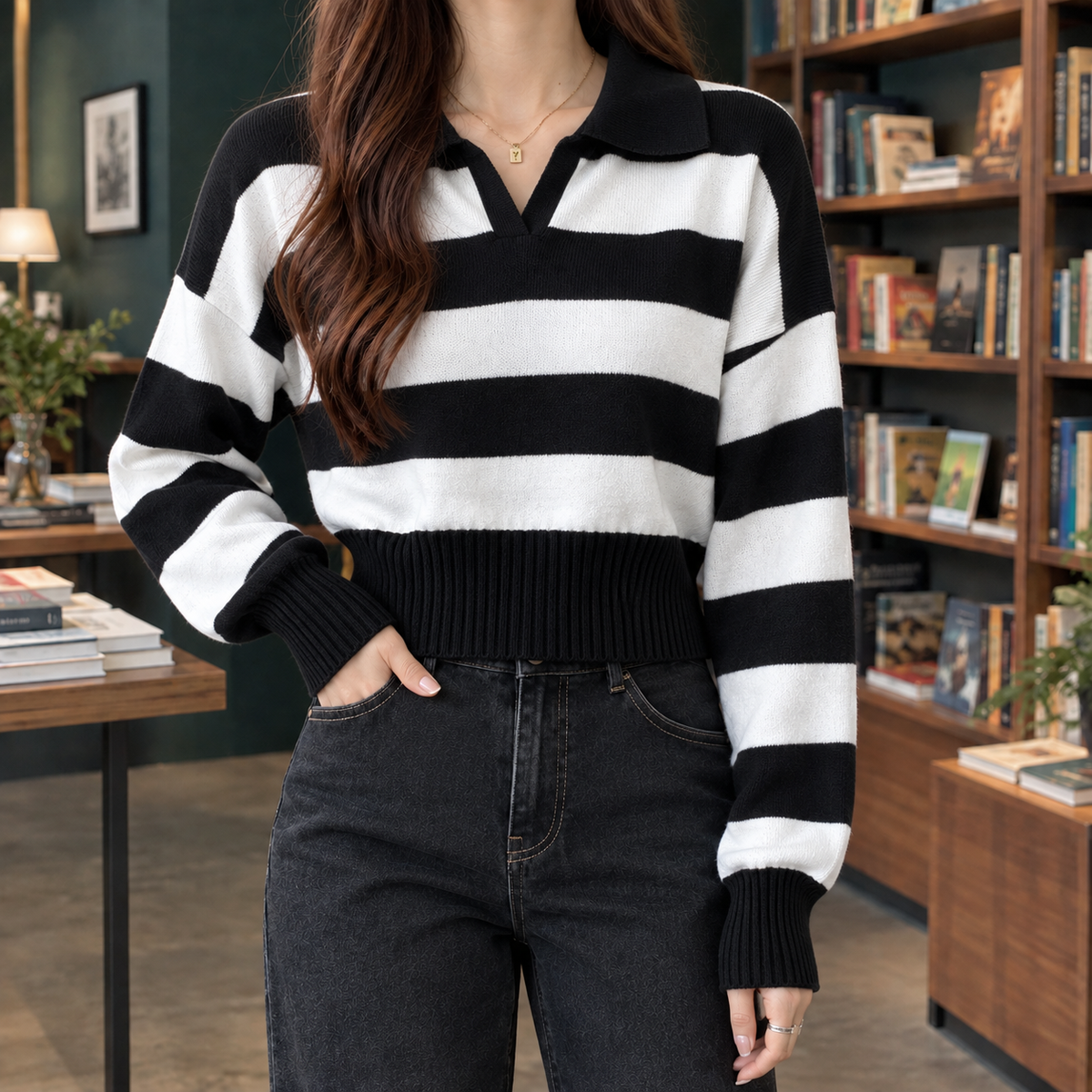 Bella Striped Polo Sweater - Black