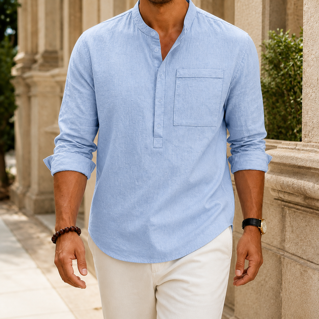 Reuben Stand Collar Shirt - Light Blue