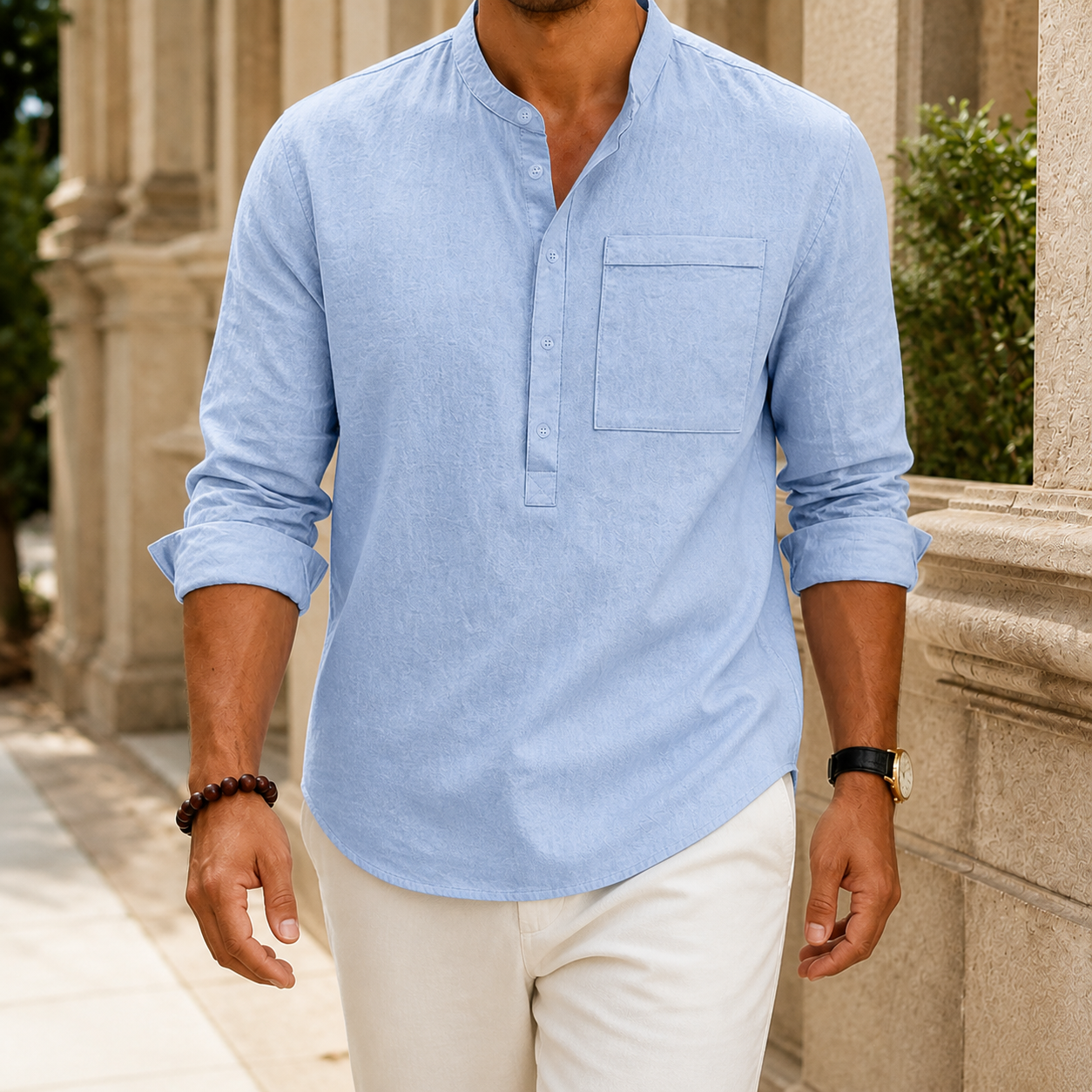 Reuben Stand Collar Shirt - Light Blue