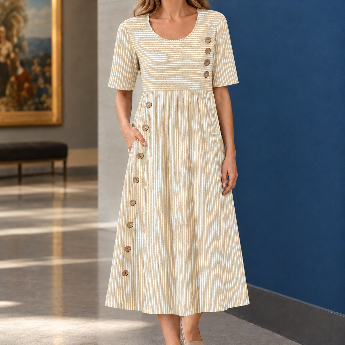 Aiglon Striped Midi Dress - Apricot