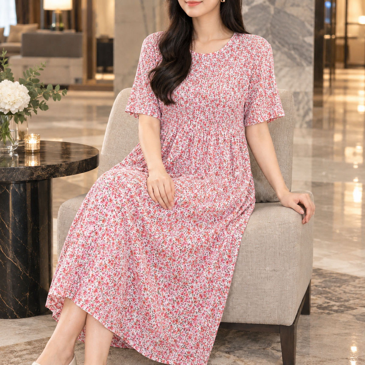 Celandine Pleated Midi Dress - Pink Floral