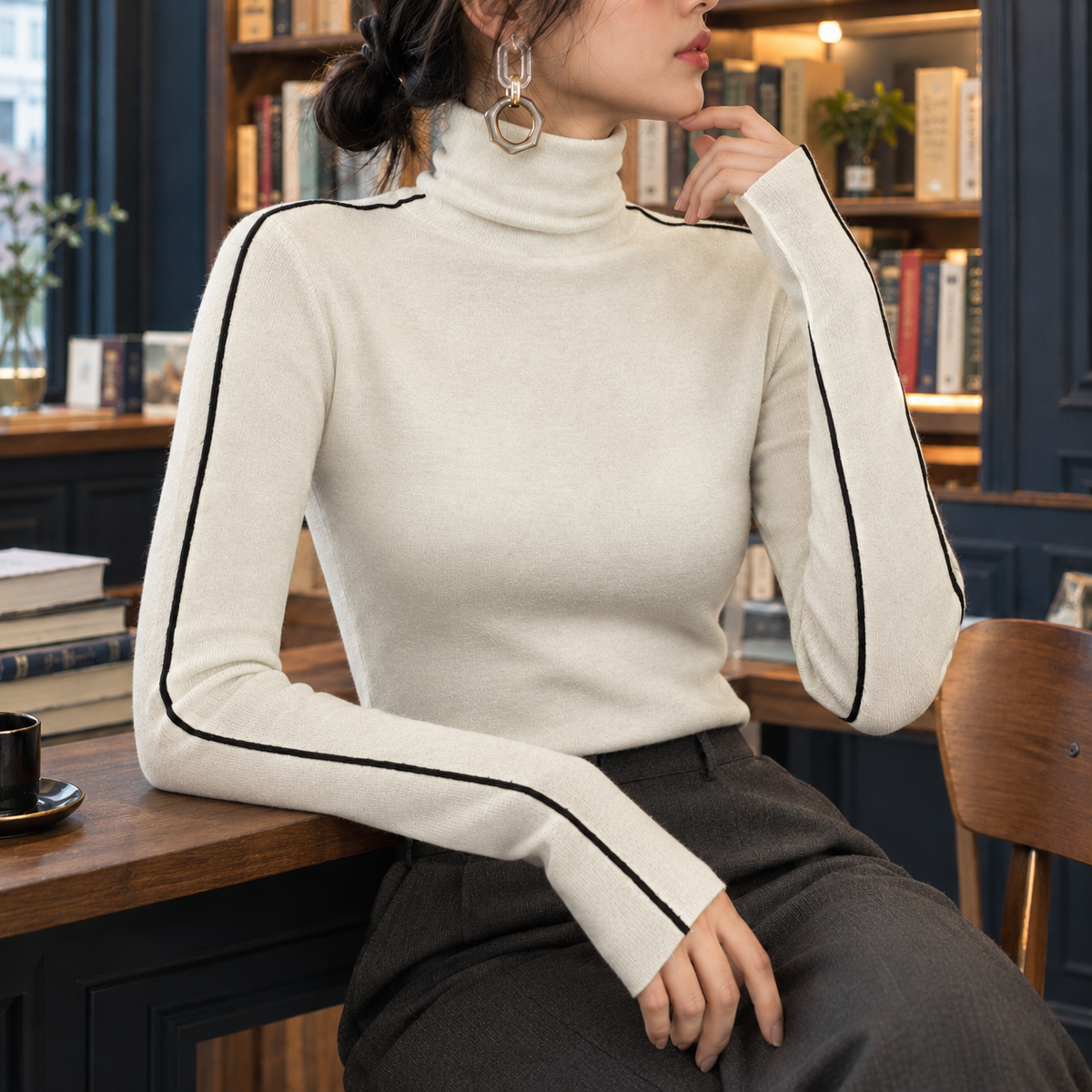 Annabelle Contrast Turtleneck - Off-white Super Pretty Soft Waxy Jap