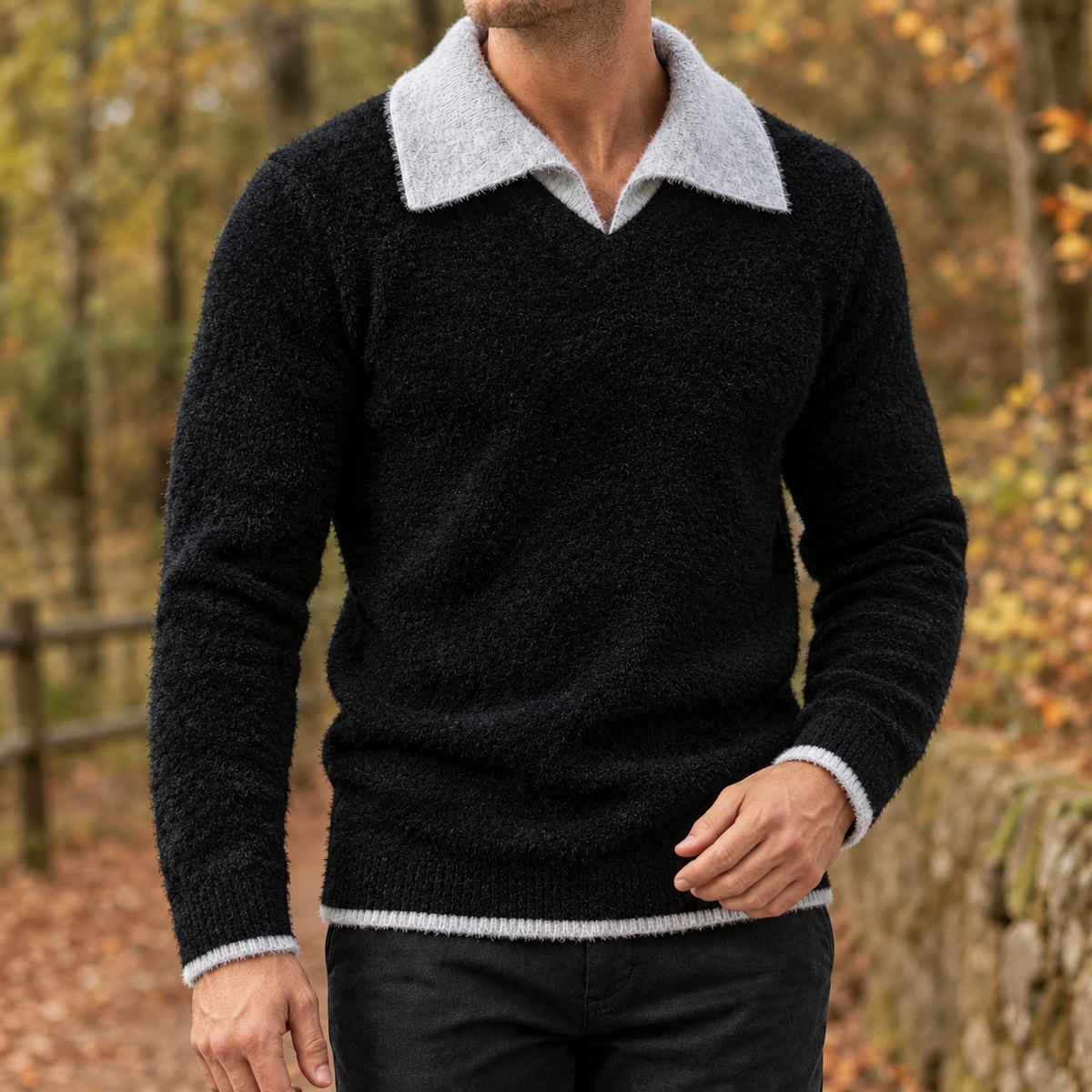 Jacob Contrast Collar Sweater - Black
