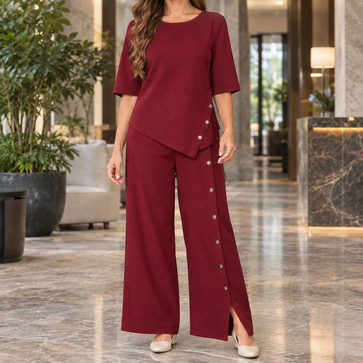 Ancelin Asymmetric Pants Set - Burgundy