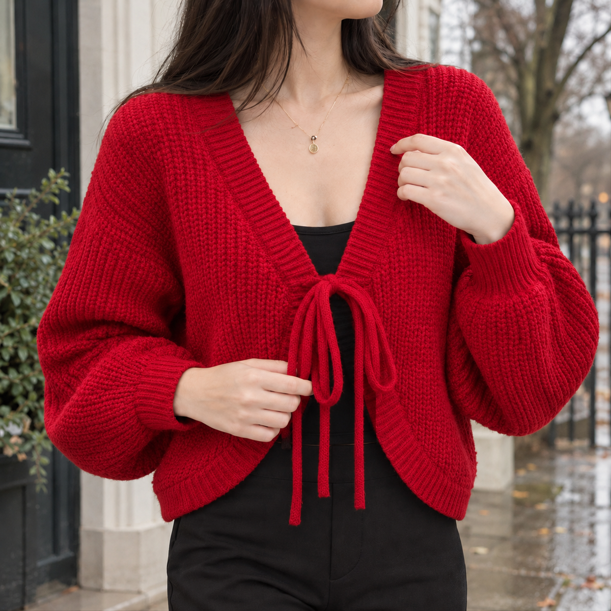 Perla Tie Front Cardigan - Red
