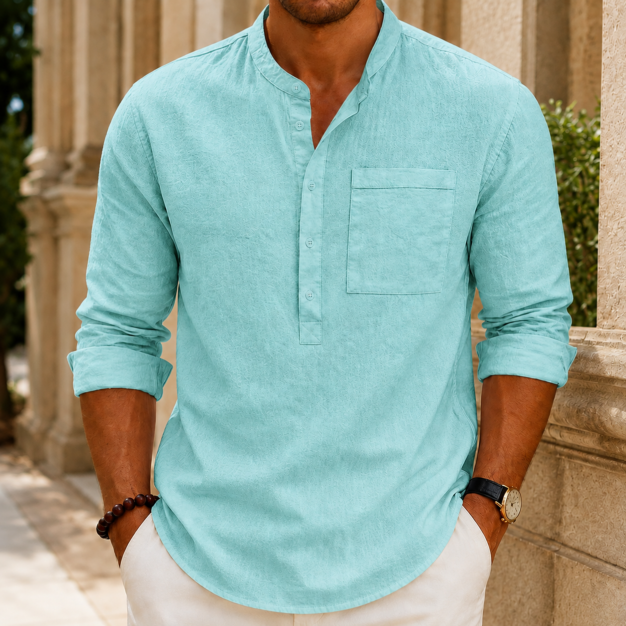 Reuben Stand Collar Shirt - Lake Blue
