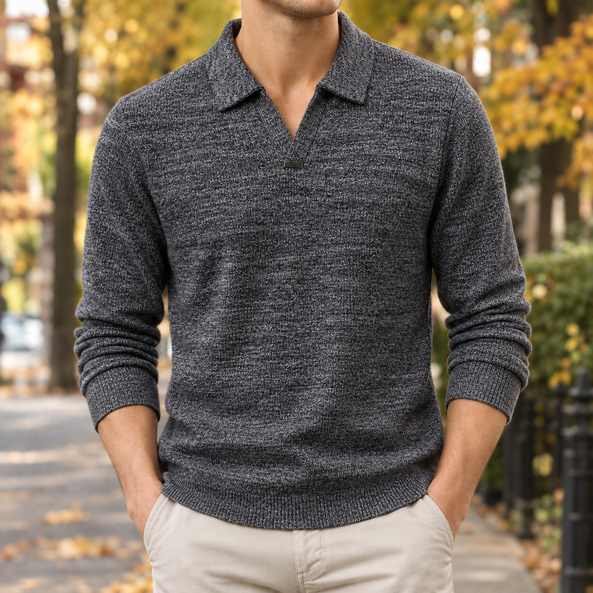 Patrick Collared Knit Sweater - Medium Gray