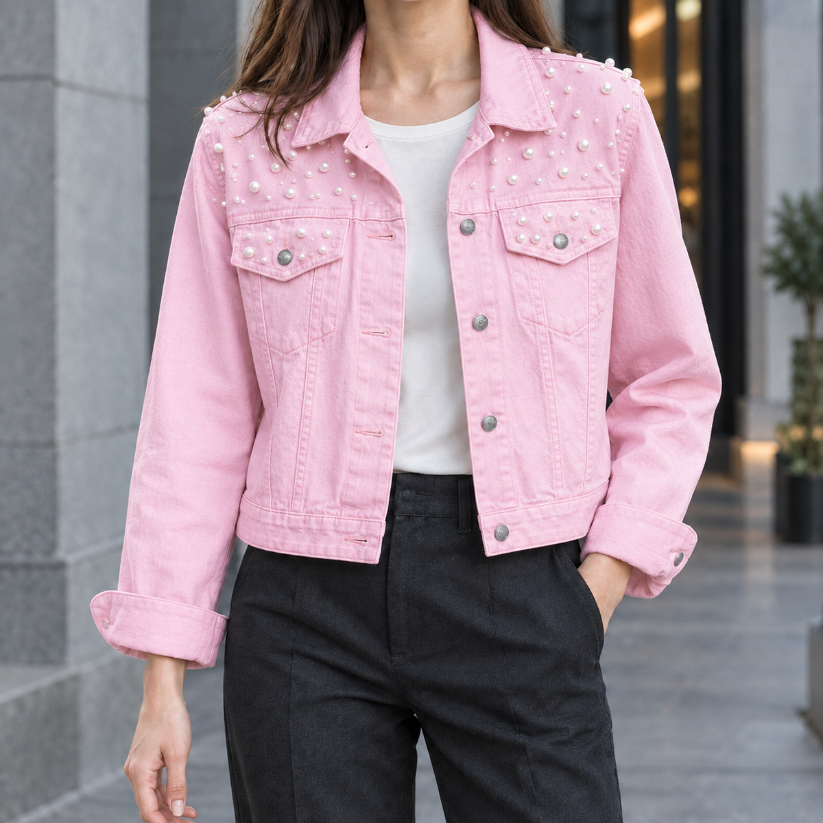 Avaline Beaded Denim Jacket - Pink
