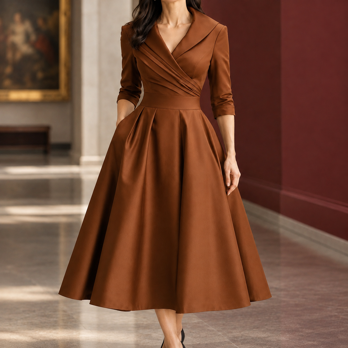 Maya Pleated Midi Dress - Brown
