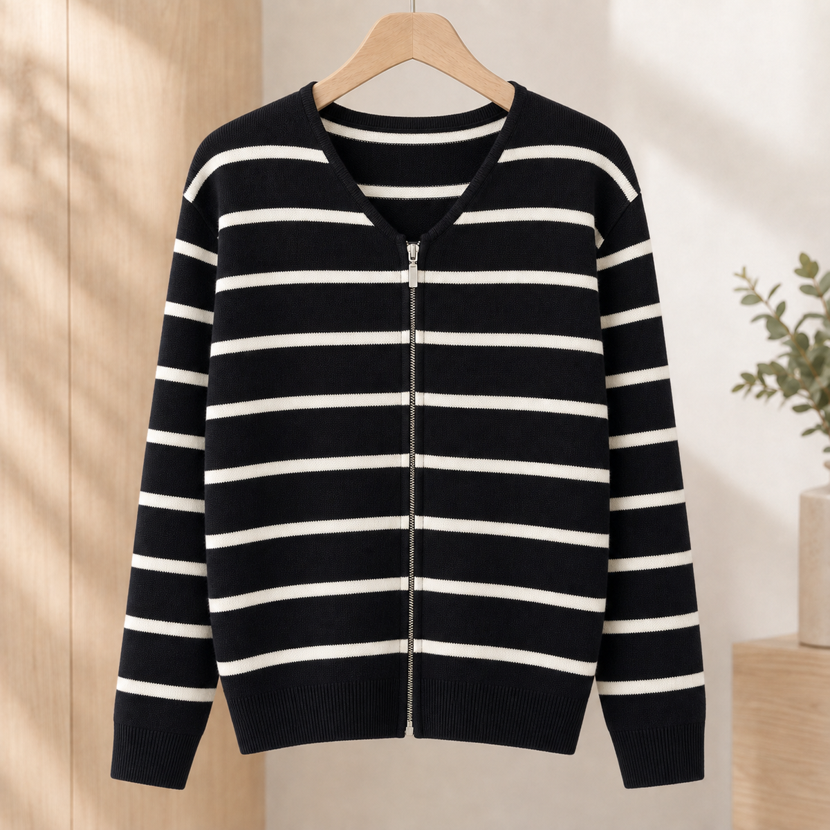 Torquil Striped Zip Cardigan - Black White Stripes