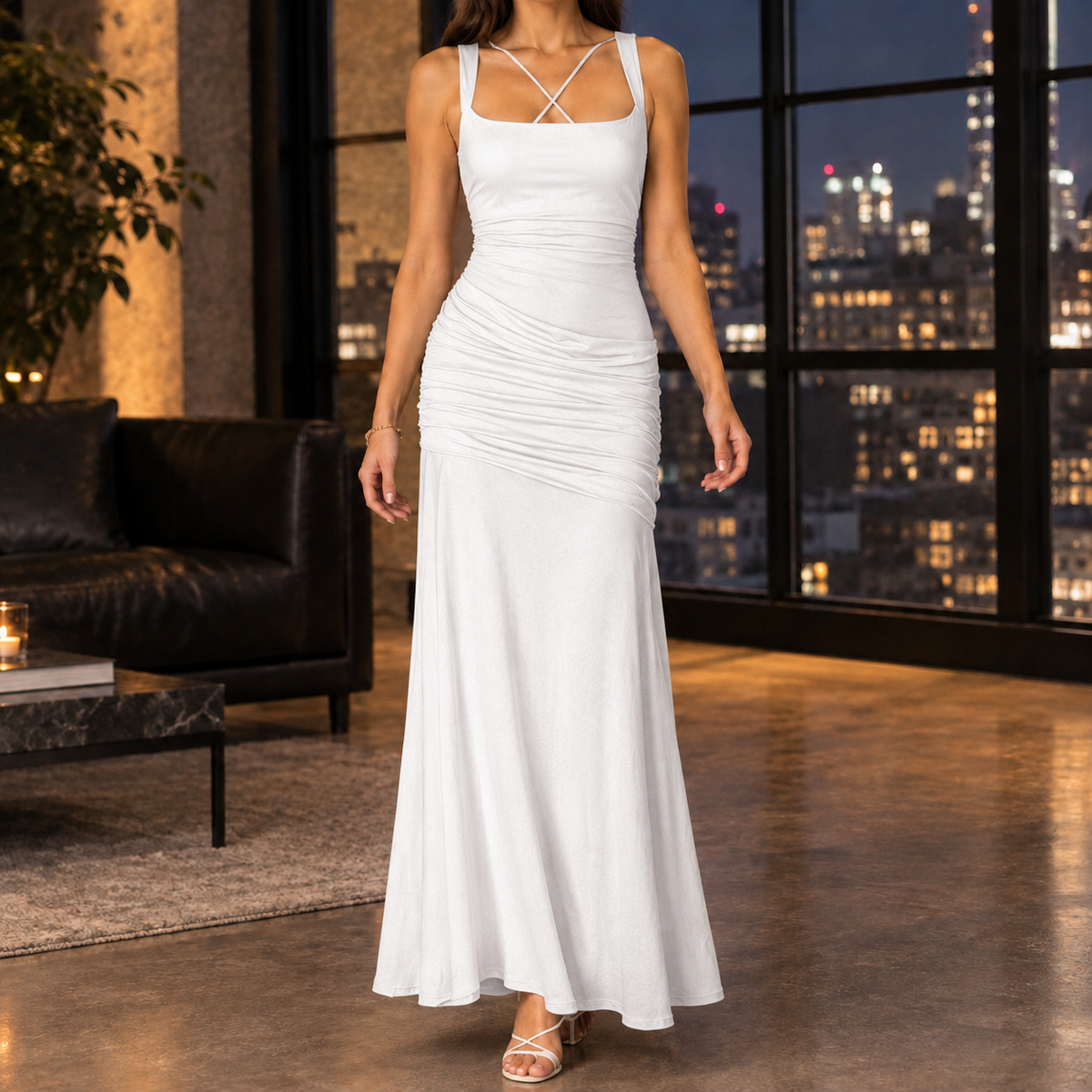 Guinevere Ruched Maxi Dress - White