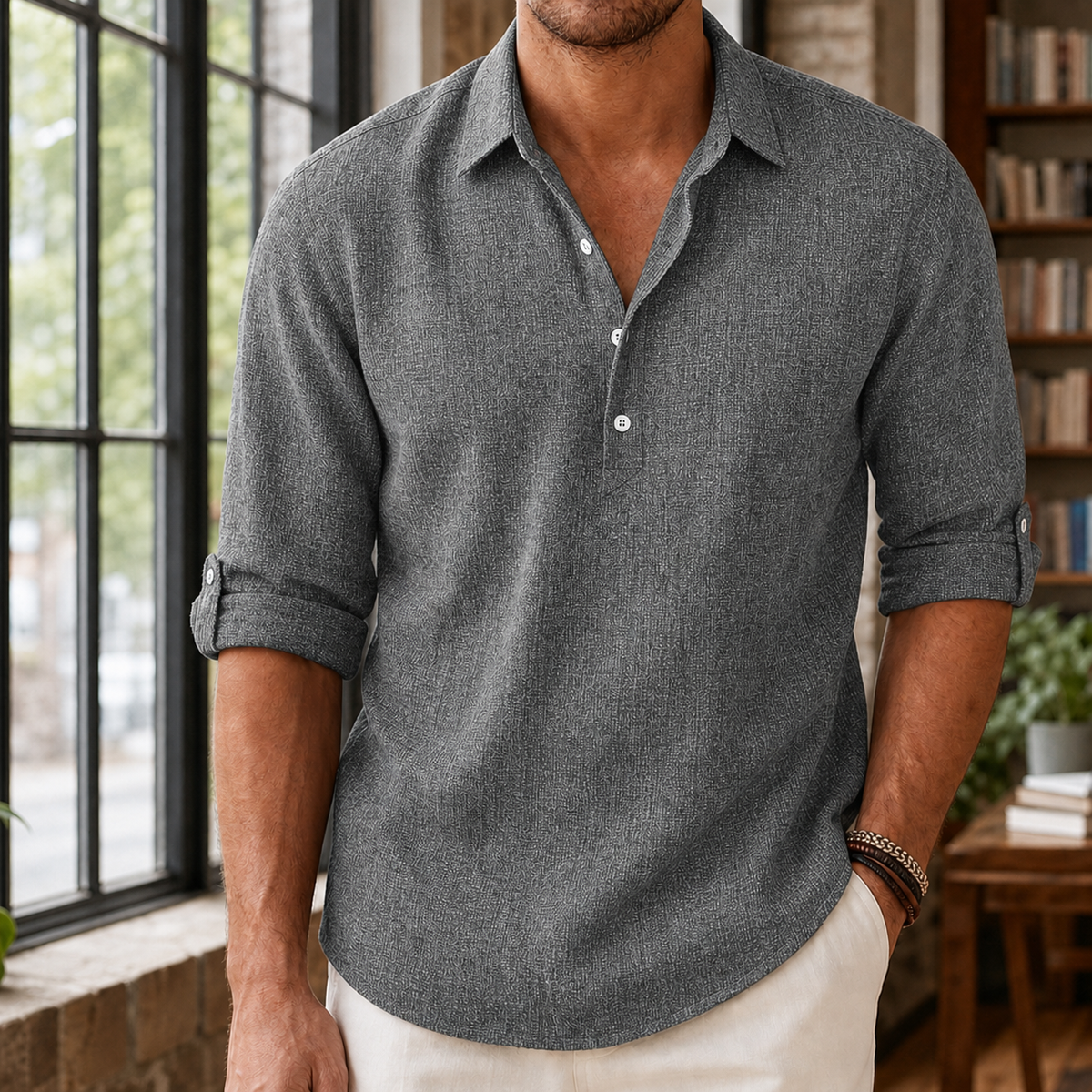 Leon Popover Shirt - Charcoal Gray