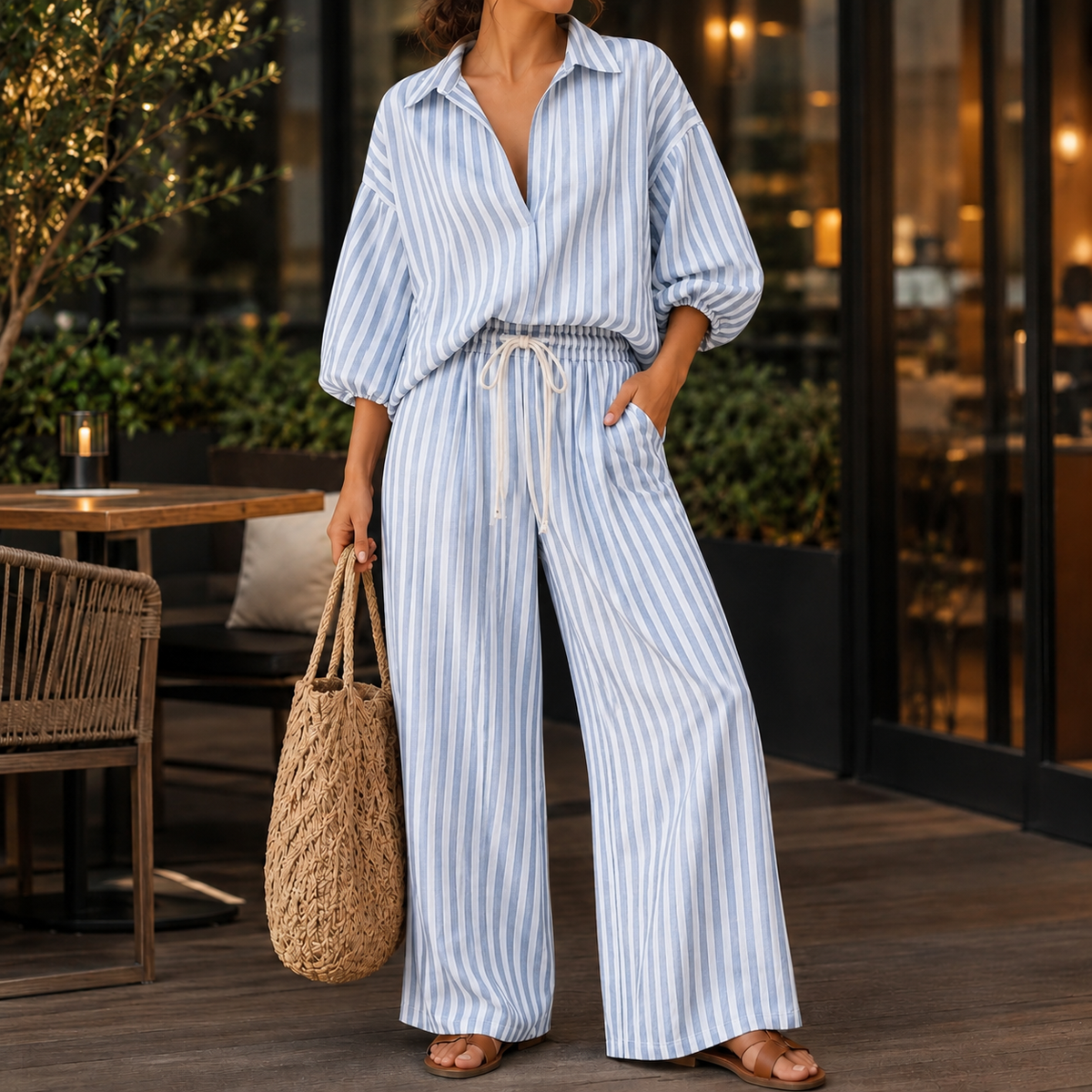 Apolline Striped Pants Set - Light Blue